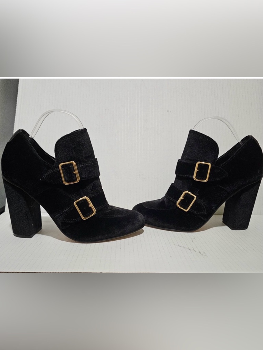 Black Velvet Double-Buckle Block Heel Booties